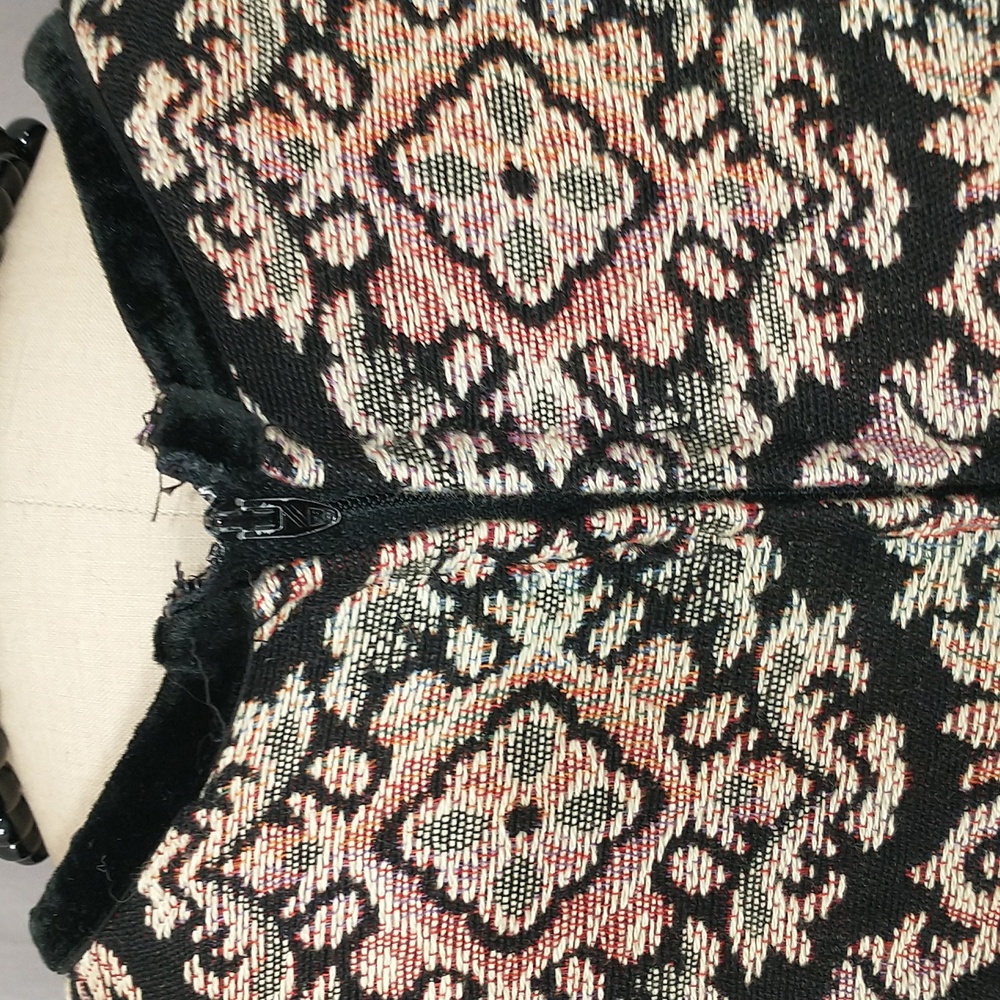 Woven Tapestry Dress Vintage OOAK Black Velvet Trim See Measure Long Sleeve Maxi - Picture 9 of 15